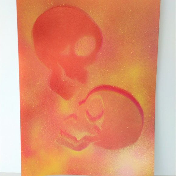 Abstract Floating Skulls Art 15x11 Yellow Orange Hand Crafted - Picture 2 of 16